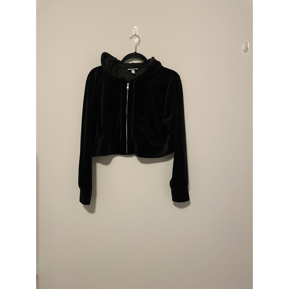 Colsie Hoodie Womens XL Black Velour Cropped Full Zip Stretch Lounge Jacket